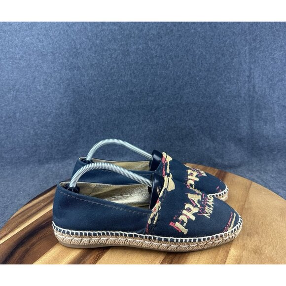 Prada Black Canvas Milano Logo Embroidered Espadrille Slip On Flats Women’s 7.5 - Picture 1 of 12